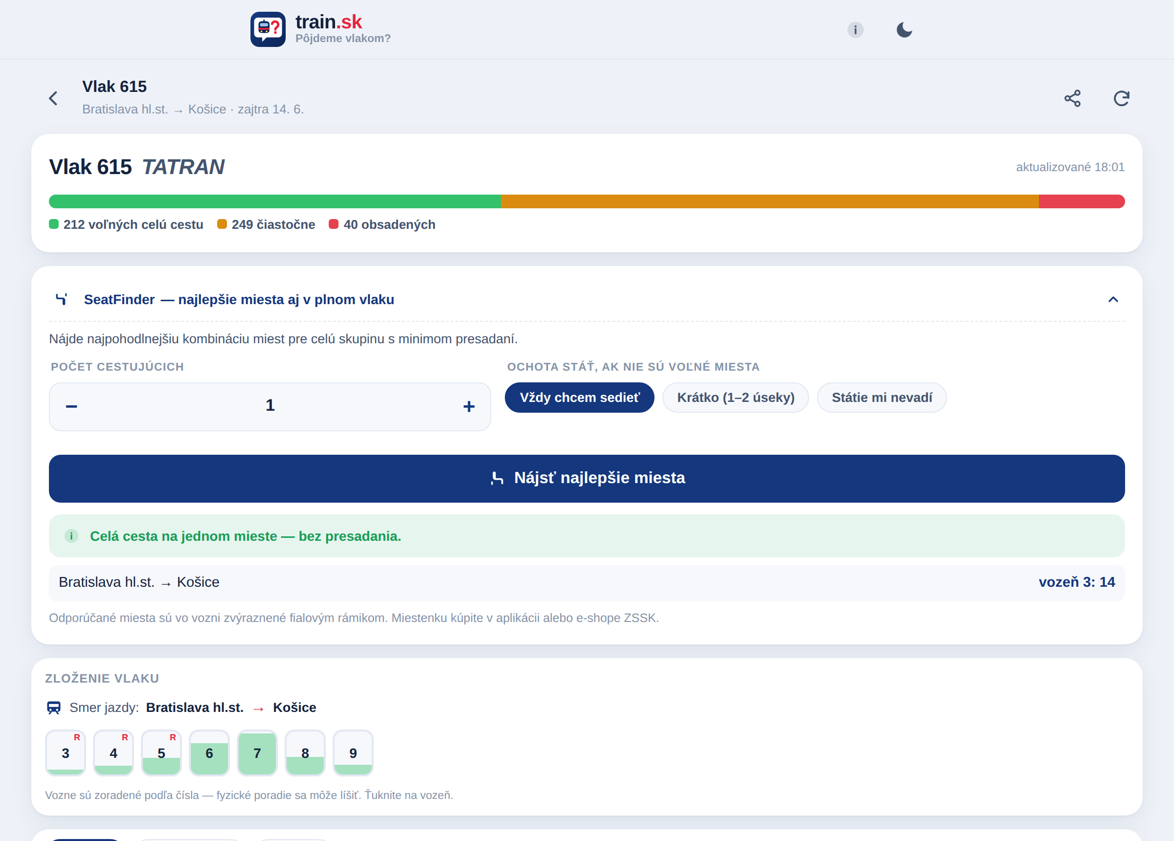 Desktop: výsledok SeatFinder so zvýraznenými odporúčanými miestami v mape vozňa