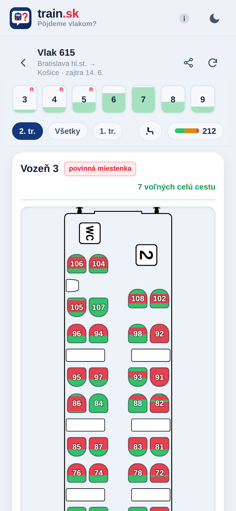 Mobil: mapa sedadiel jedného vozňa s lepkavým prepínačom vozňov, chipmi triedy a pilulkou obsadenosti