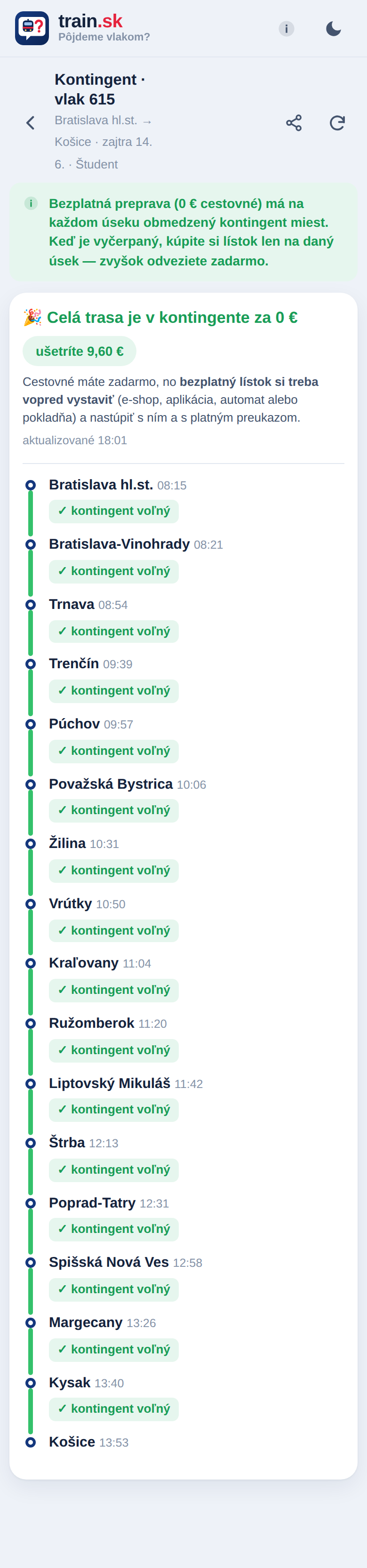 Mobil: časová os kontingentu so stavmi voľný, vyčerpaný a v minulosti pre jednotlivé úseky a súhrn rozdelenia lístka