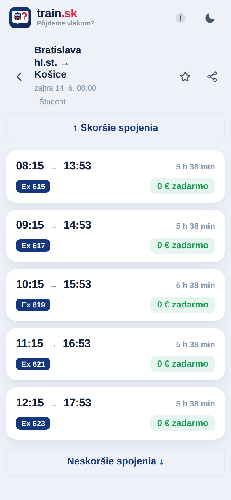 Mobil: zoznam nájdených spojení